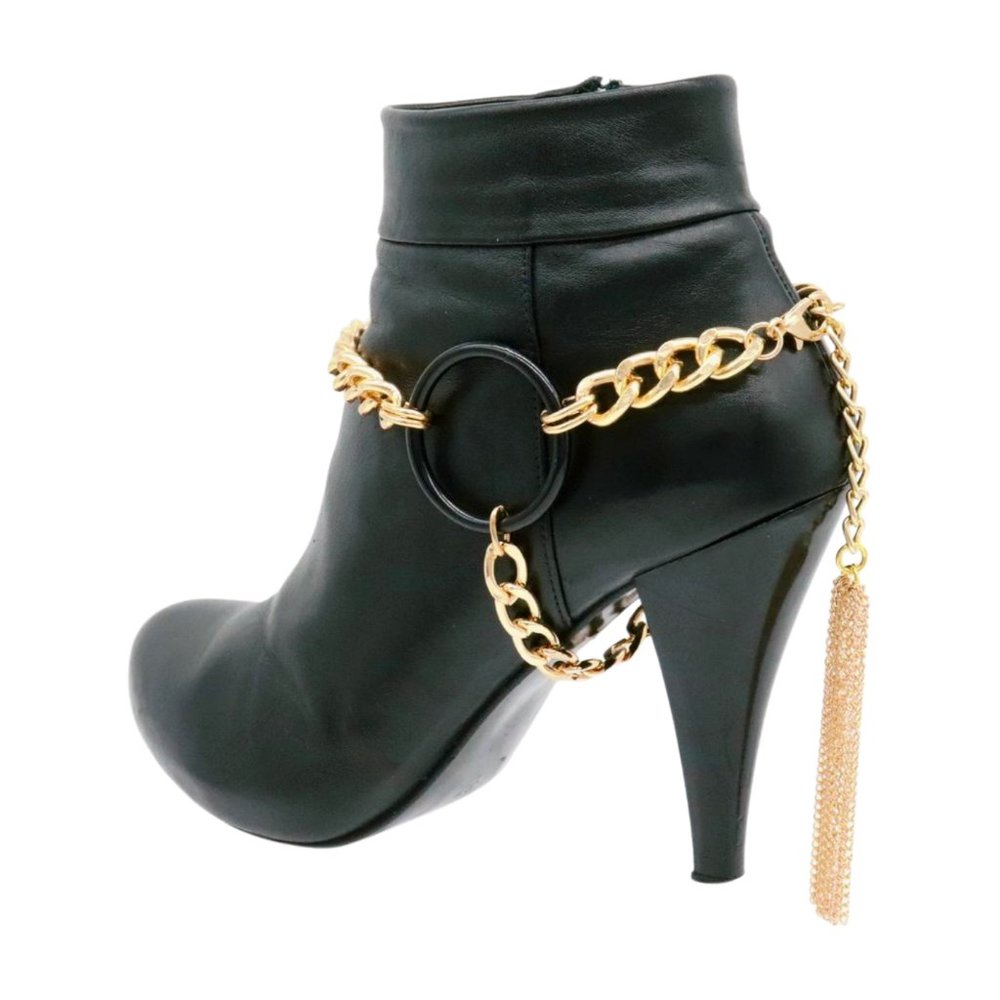 Women Gold Metal Chain Boot Bracelet Shoe Black Circle Charms Tassel Biker Style